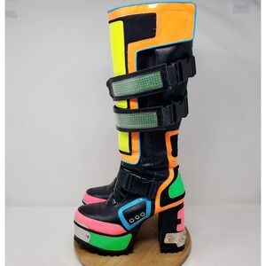 Club Exx Cybertron Babe Boots Womens 6 Platform Neon Vegan Lug Heel LED Straps